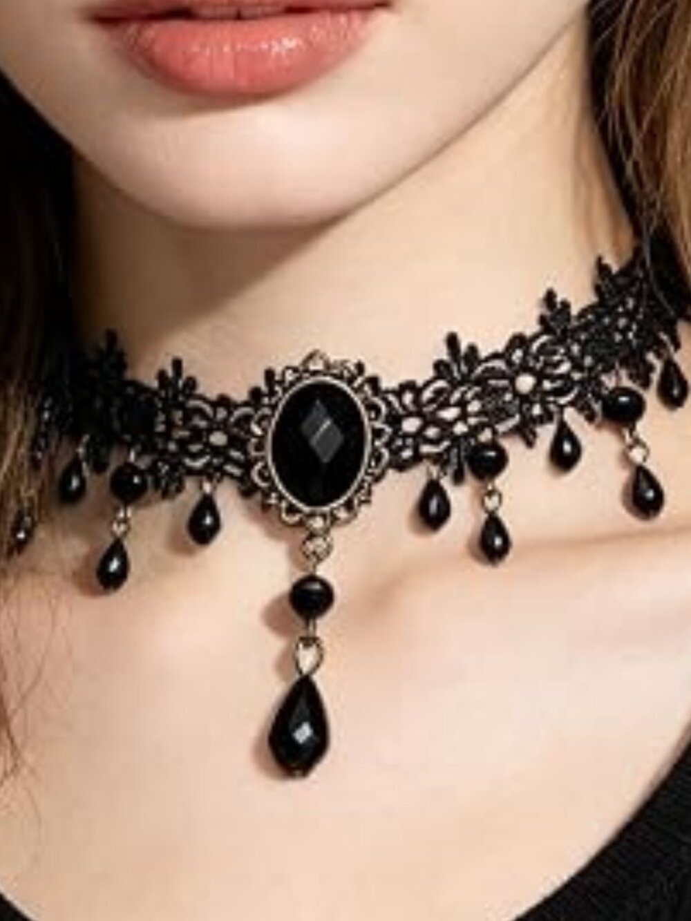 Gothic Black Velvet Lace Choker Necklace Crystal Pendant Adjustable